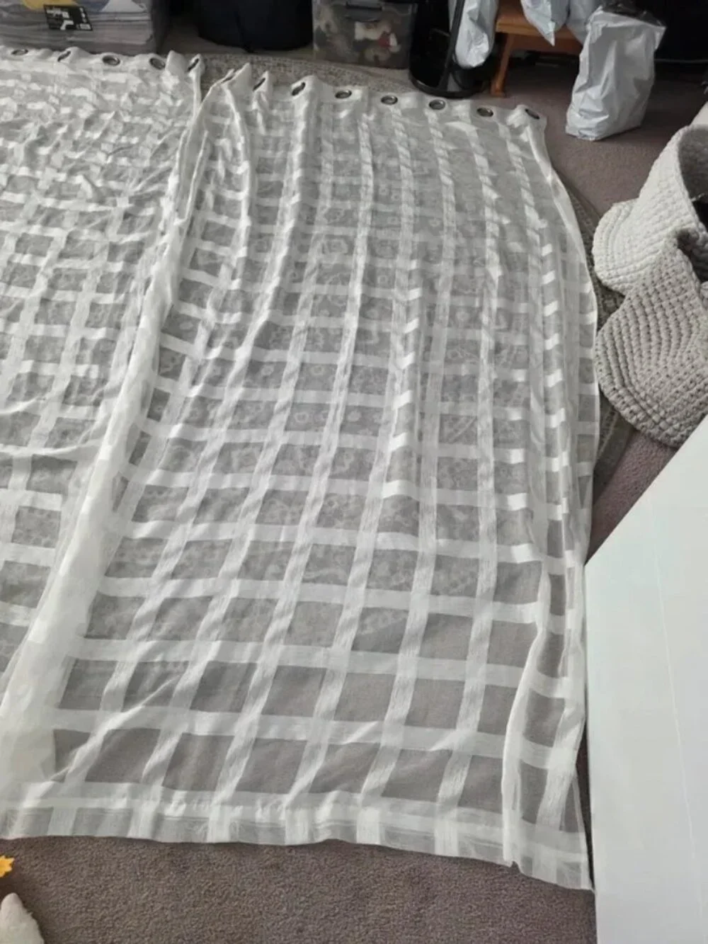 54x92. Sheer plaid jacquard fabric curtain panels, cream  with grid pattern